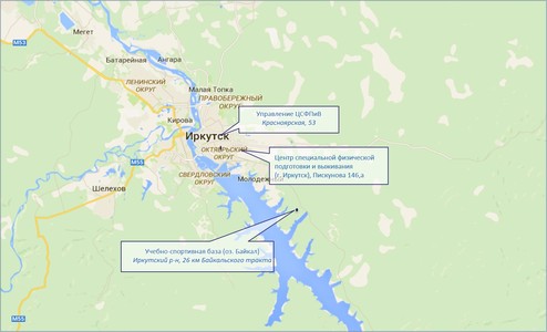 Схема расположения объектов Центра специальной физической подготовки и выживания  (г. Иркутск)